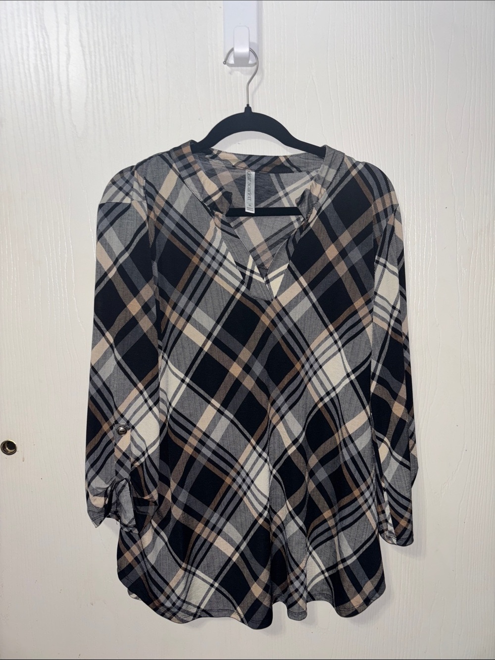Plaid V-Neck Long-Sleeve Blouse - Black/Cream/Brown